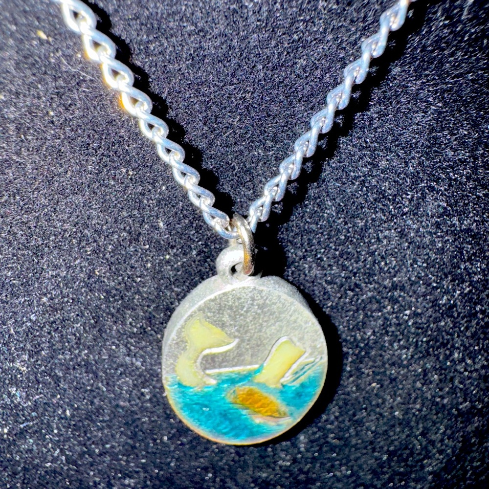 Vintage Scrimpewter Whale in Water Enamel  pendant necklace
